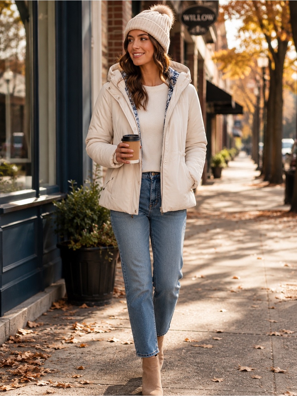 Levi’s Ivory Hooded Puffer Jacket Floral Lined Winter Coat Large